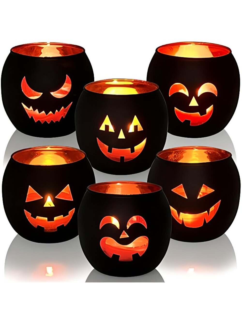 Halloween Table Decor Set of 6, Jack O Lanterns Black Glass Votive Tealight